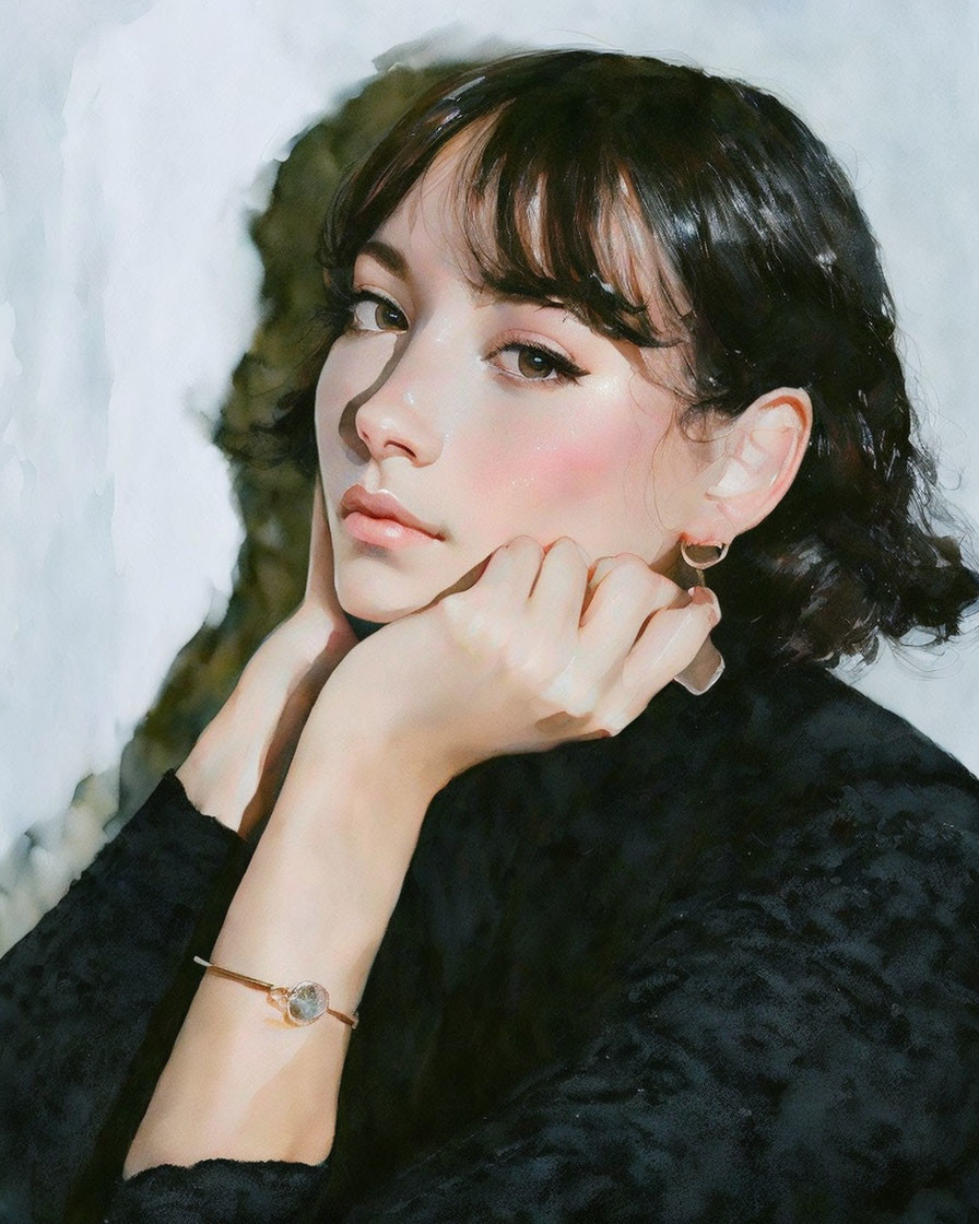 Person with Chin Resting on Hands, Bangs, Hoop Earrings, Black Outfit