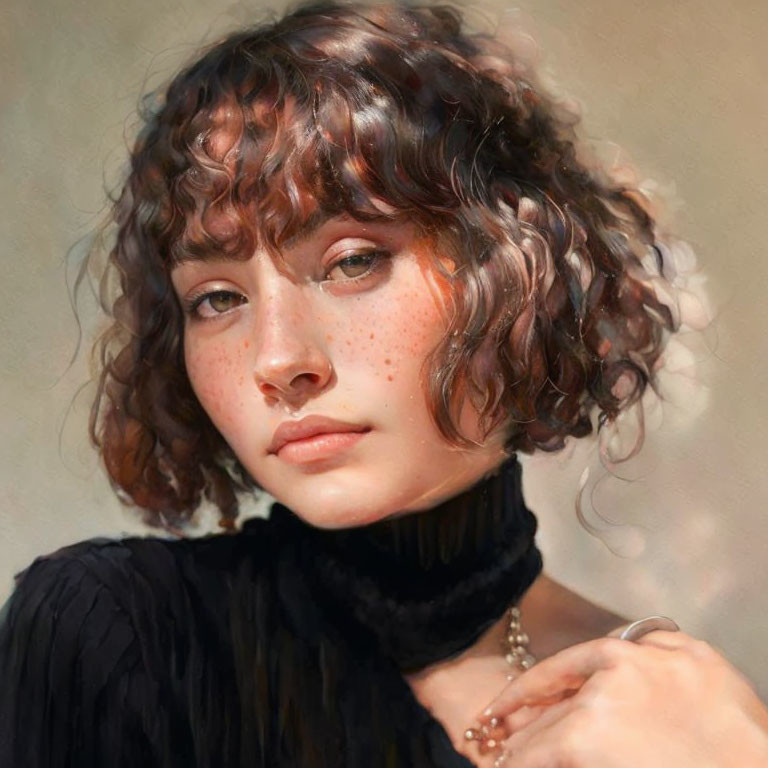 Young woman portrait with curly brown hair and freckles in black turtleneck.