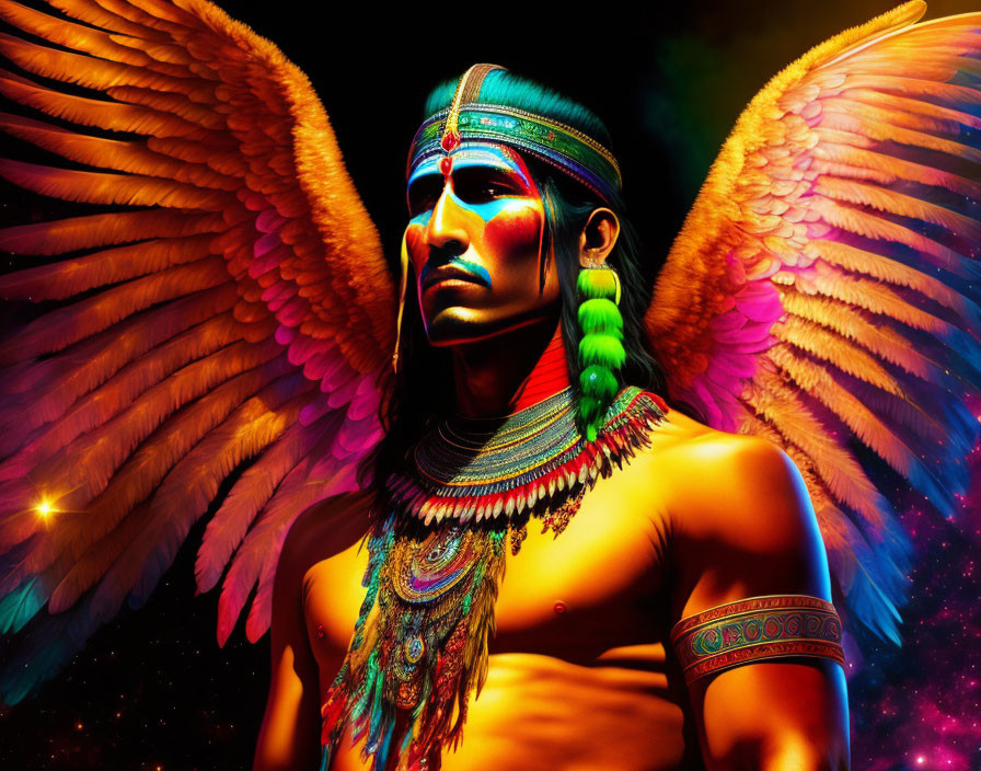 Colorful portrayal of person with eagle-like wings in Native American attire under starry sky
