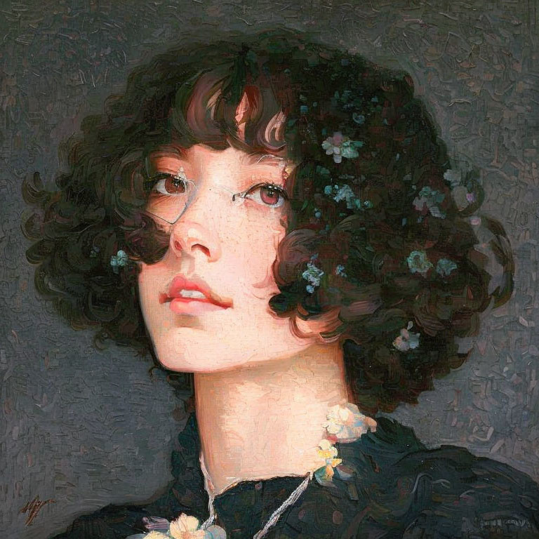 Portrait of young woman with curly dark hair and pale flowers, gazing on textured grey background