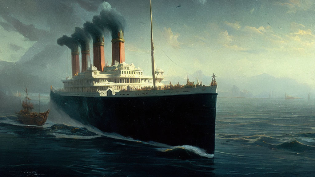 Early 20th-Century Ocean Liner Artwork with Billowing Smoke at Sea
