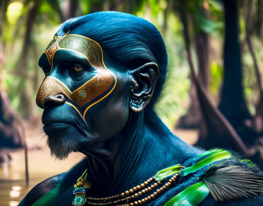Blue and Gold Primate-Inspired Artistic Makeup in Forest Setting