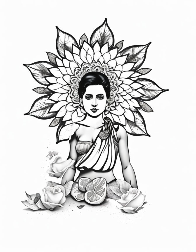 Monochrome illustration of serene woman with lotus flower, roses, and citrus slices