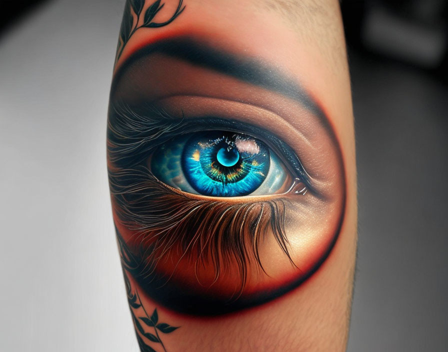 Detailed Vibrant Blue Eye with Dramatic Makeup and Tattooed Arm Close-Up