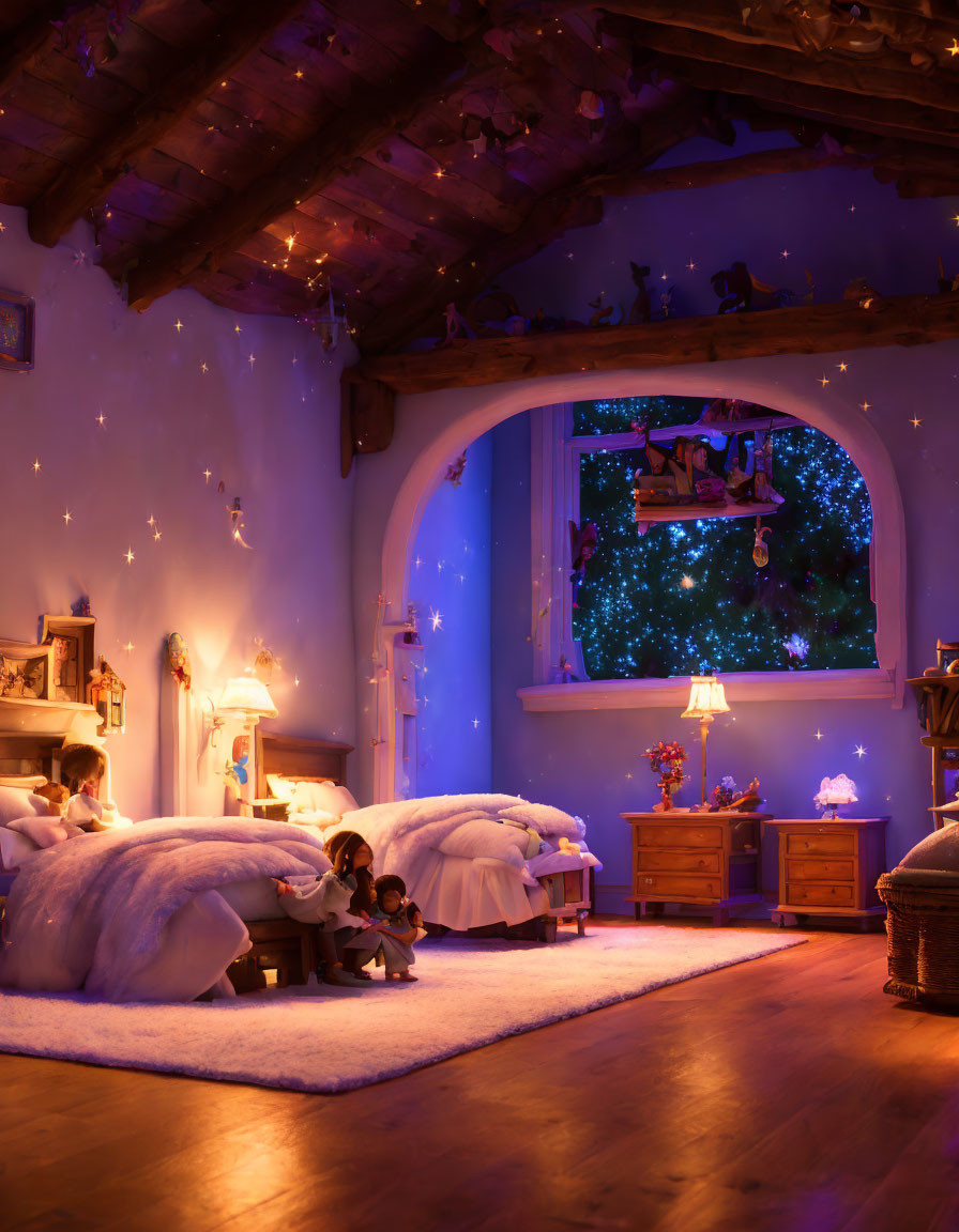 Warmly Lit Bedroom with Starry Ceiling Projection and Plush Beds