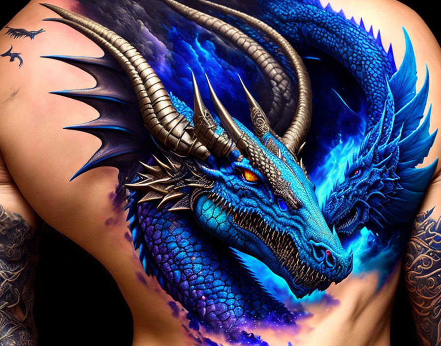 Detailed Blue Dragon Tattoo with Glowing Eyes on Shoulder and Chest