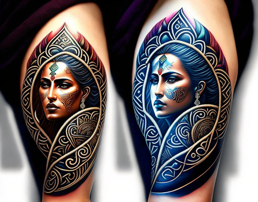 Vibrant leg tattoos: stylized female faces with intricate designs, warm and cool colors