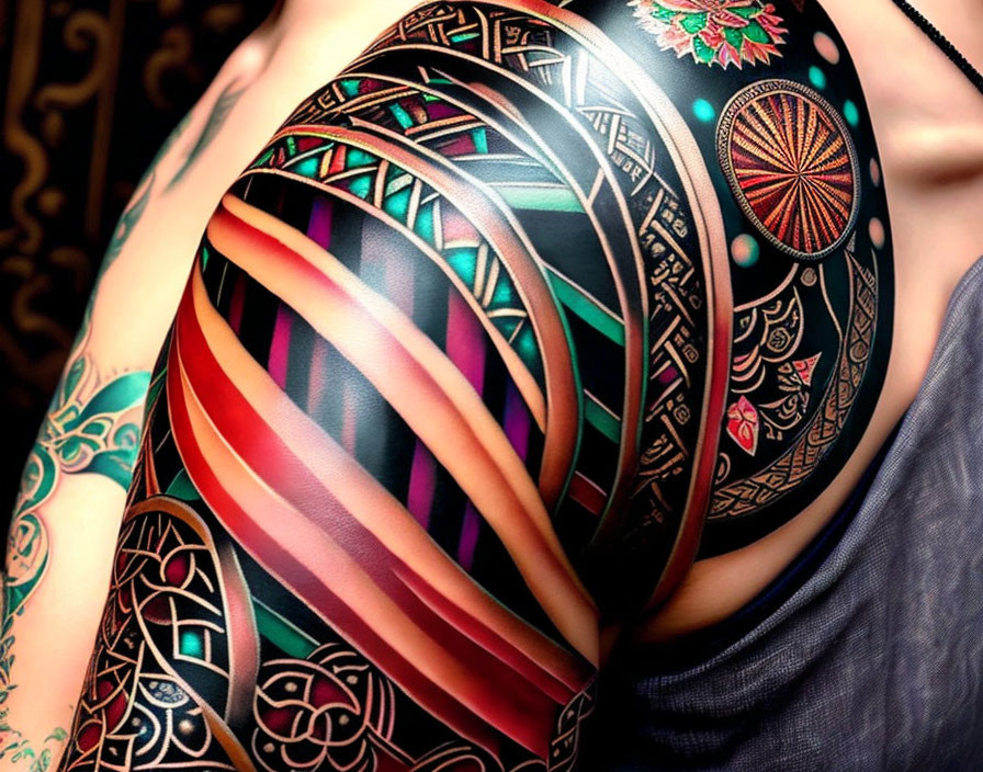 Detailed Close-Up of Colorful Geometric and Mandala Tattoo Designs