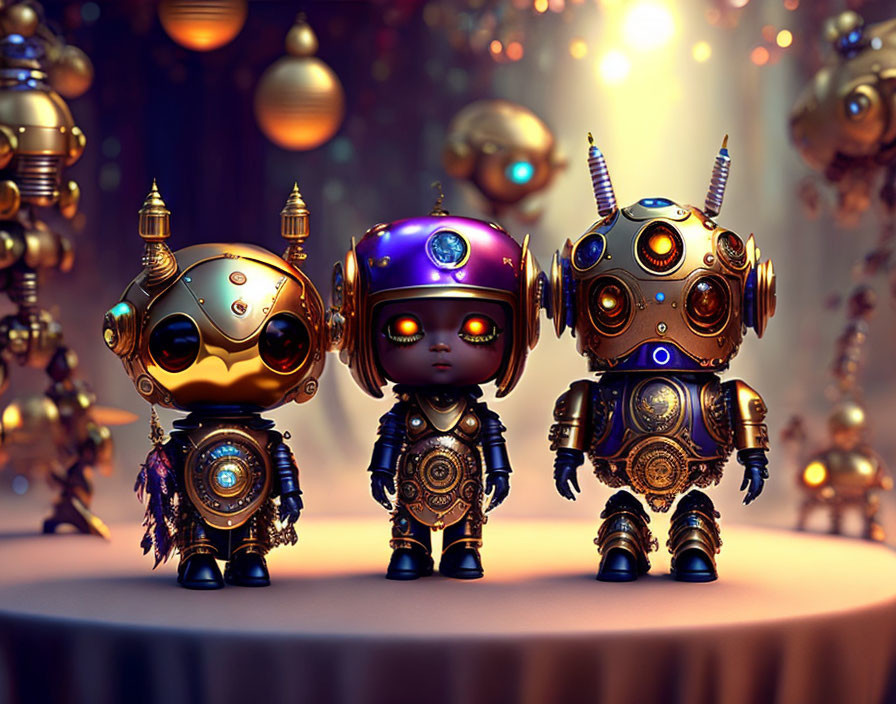 Three ornate humanoid robots with golden and purple accents in ambient setting