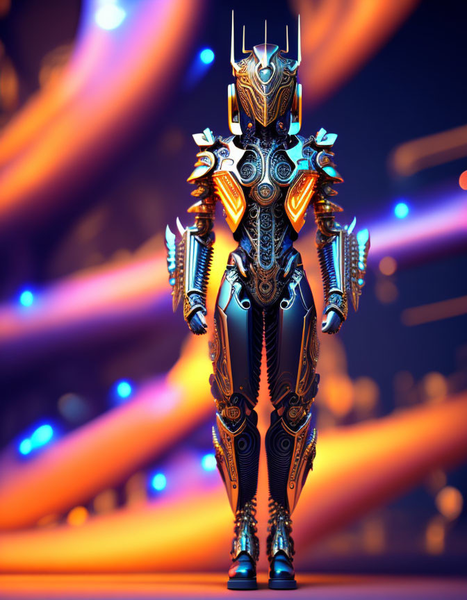 Intricate futuristic robot with glowing blue and orange elements against warm light streaks