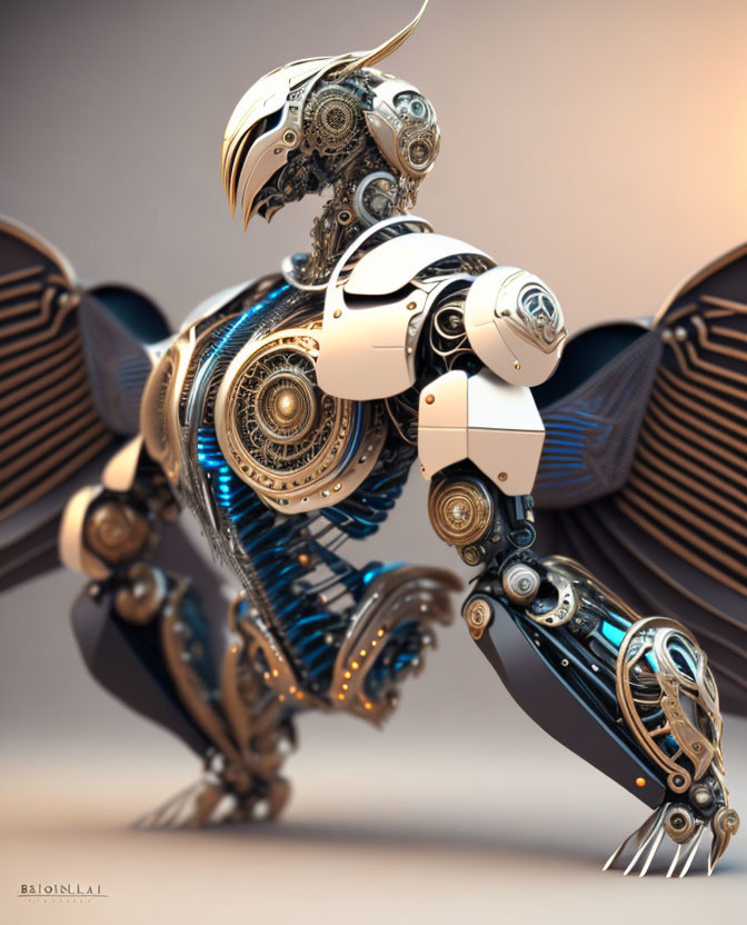 Detailed Mechanical Bird with Gears and Metallic Feathers