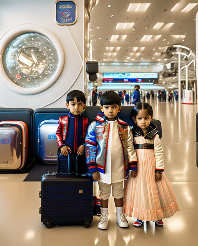 Three children in stylish outfits with luggage in an airport terminal.