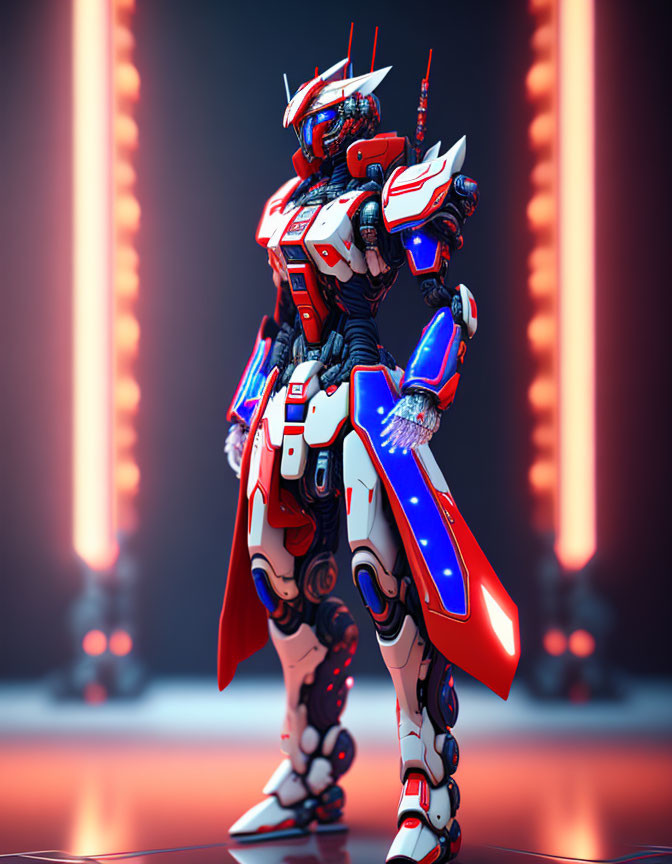 Futuristic red and white armored robot in neon-lit room