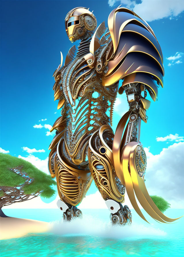 Golden futuristic robot with intricate designs near tree on reflective surface under blue sky.