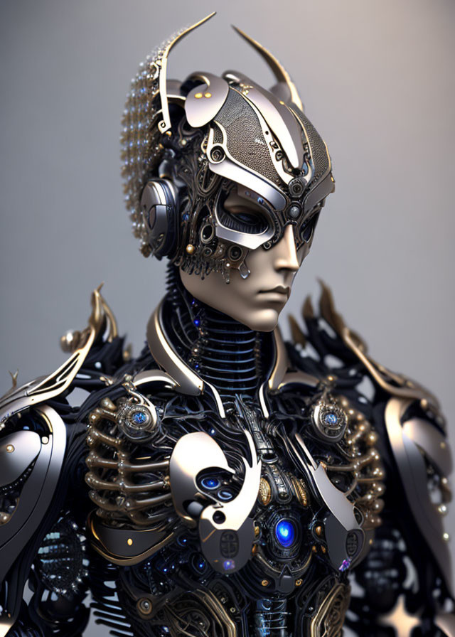 Detailed humanoid robot with ornate metallic features showcasing advanced technology.