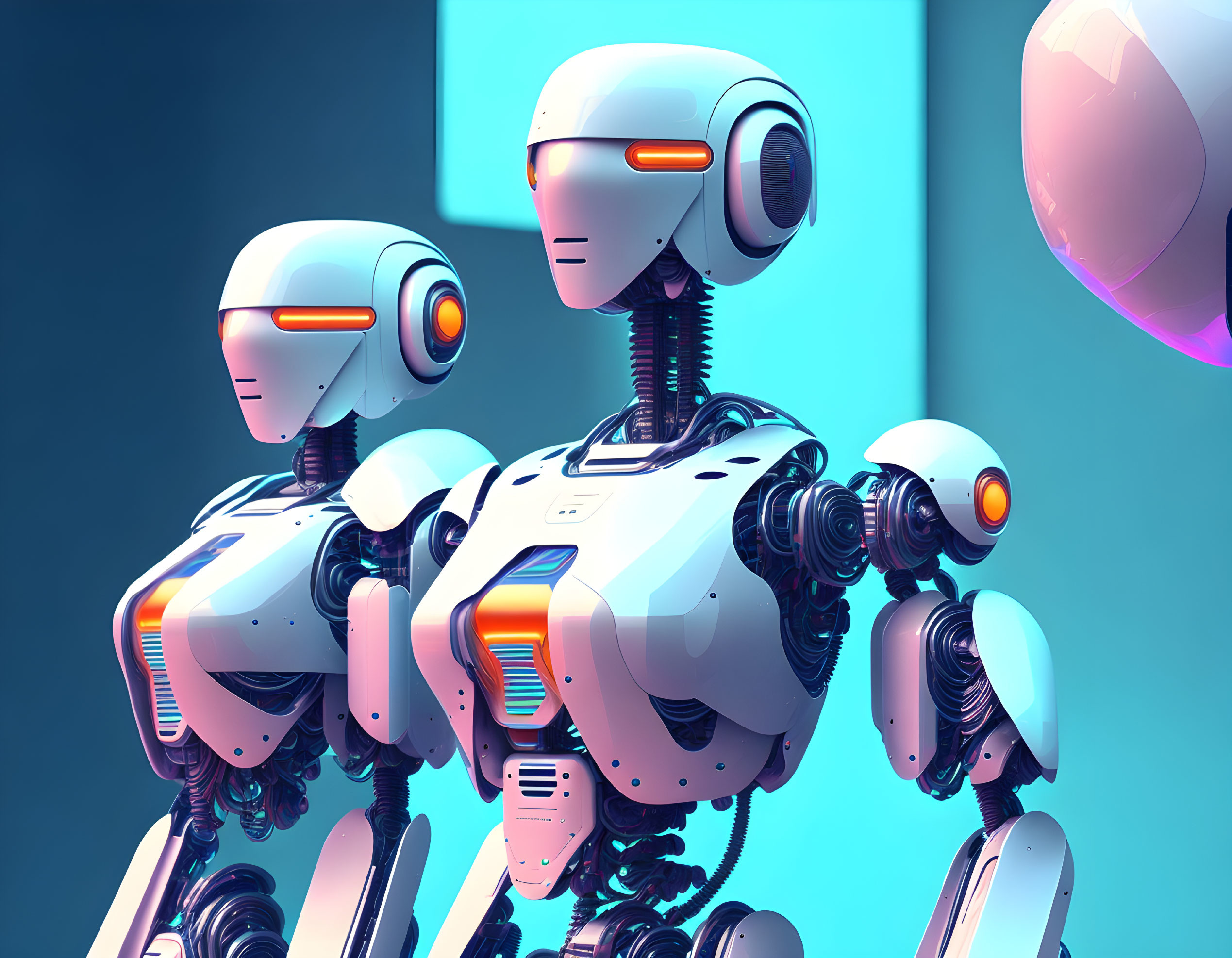 Futuristic humanoid robots with white and orange accents on blue background