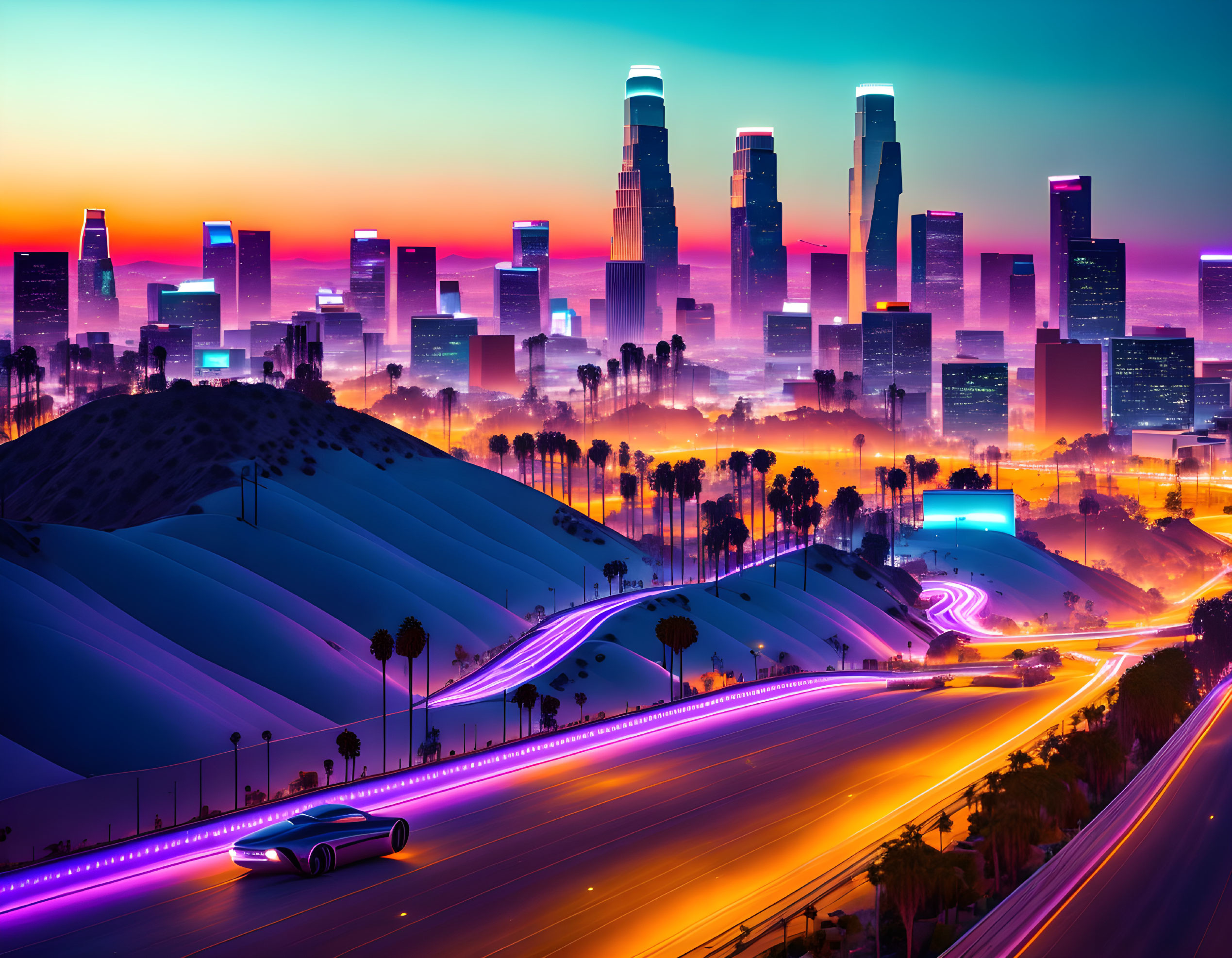 Colorful Twilight Cityscape with Skyscrapers and Light Trails