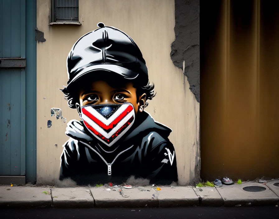 Realistic mural of child in cap, jacket, & American flag mask on urban wall