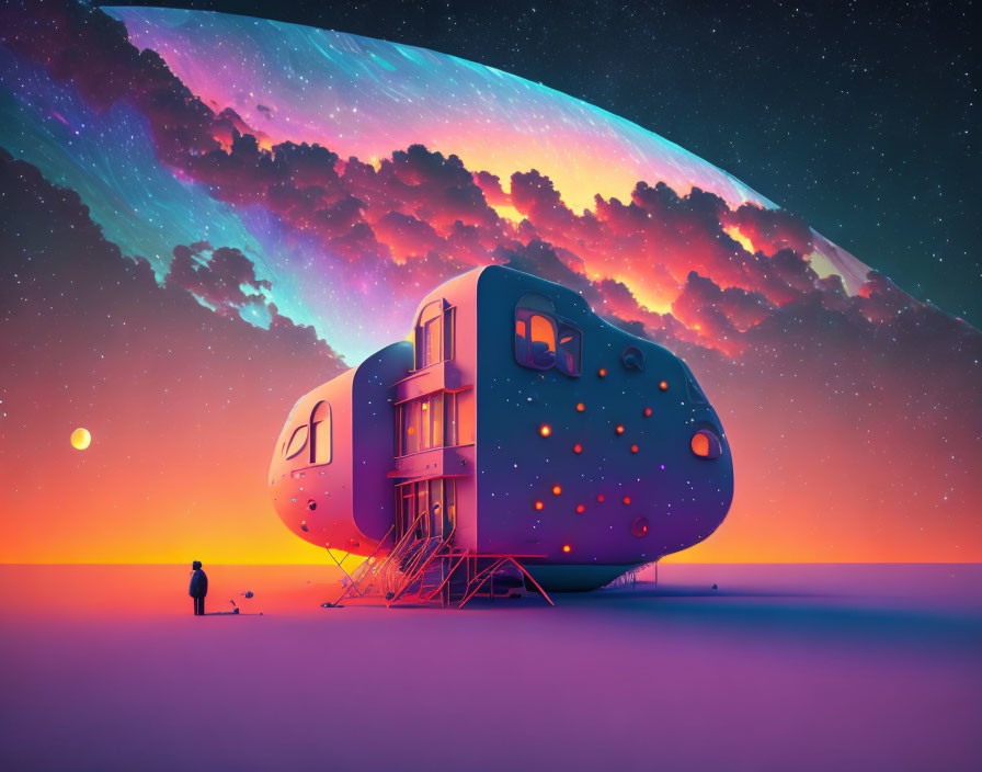 Futuristic meteorite-shaped house in desert with cosmic sky and lone figure