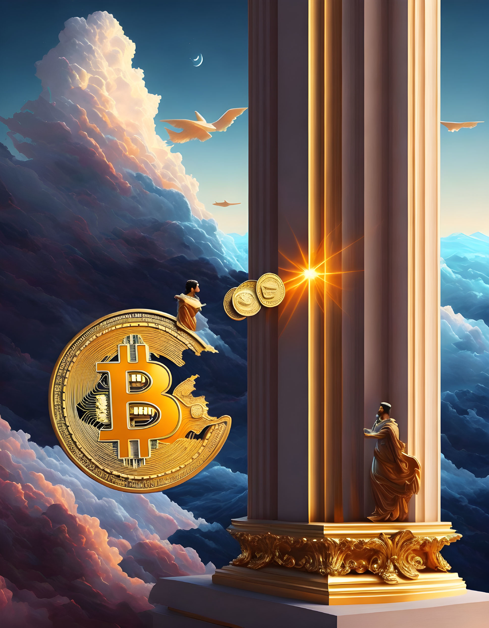Digital artwork: Giant Bitcoin among classical pillars, robed figures, birds, clouds, crescent moon