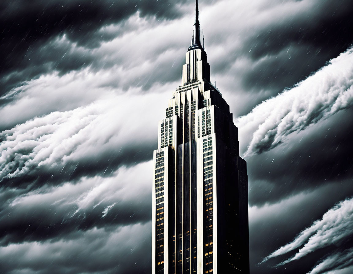 Tall skyscraper in dramatic night sky with sweeping clouds