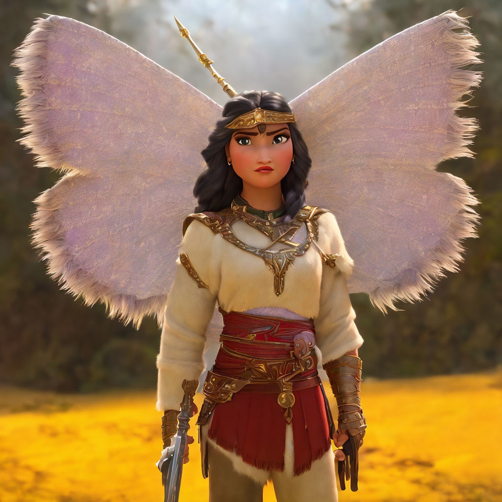 Female warrior with iridescent wings, crown, sword, tribal attire in golden field