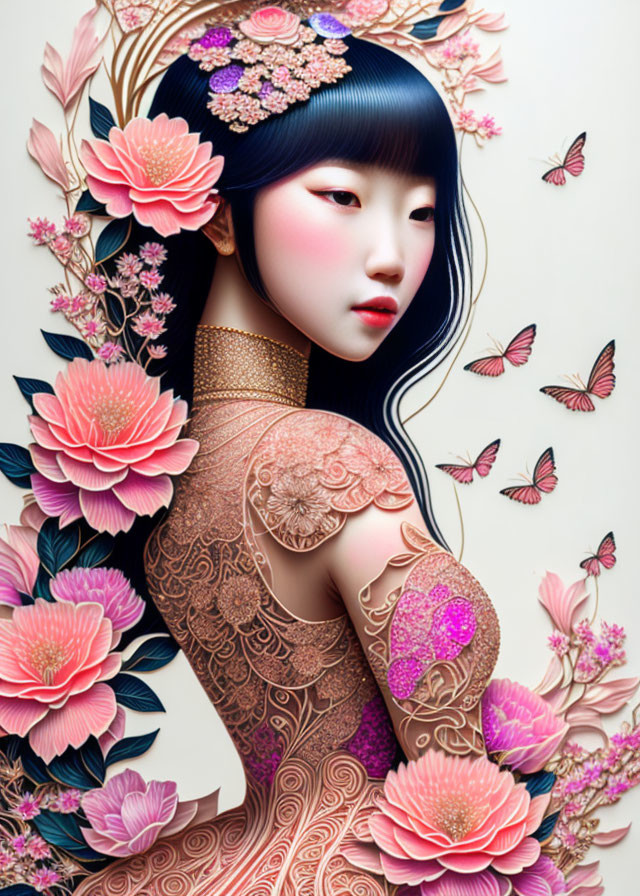 Digital illustration: East Asian woman with intricate tattoos, vibrant flowers, butterflies