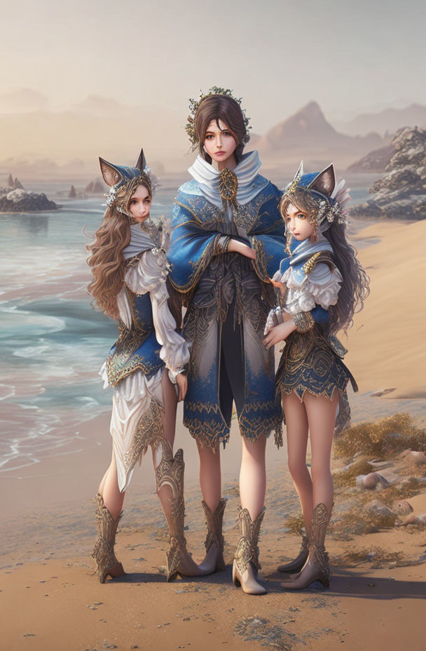 Three fantasy characters with feline ears in ornate blue and gold outfits on sandy beach.