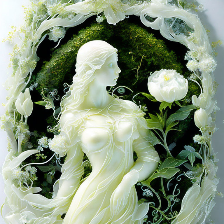 Serene female figure with white flowers and greenery on moss background