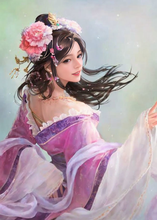 Traditional Pink and White Dress Woman Artwork in Elegant Setting