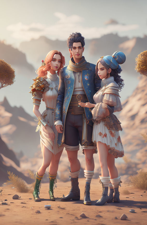 Three stylized characters in elaborate fantasy clothing in desert landscape.