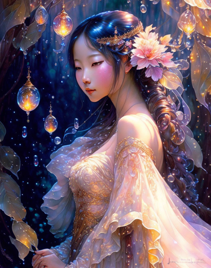 Woman with flowers in hair, surrounded by orbs and twinkling lights