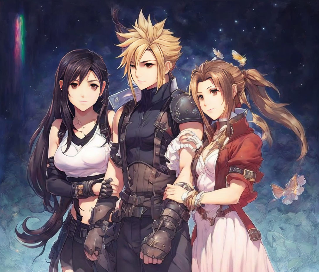 Three Animated Characters in Fantasy Attire on Starry Background