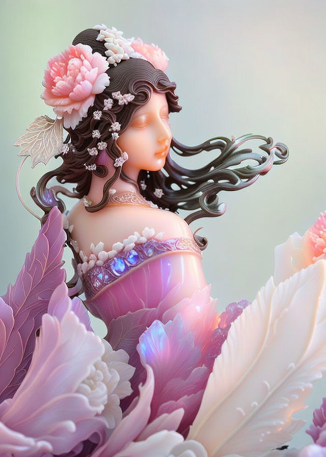 Stylized female figure with flowing hair and flowers on gradient background