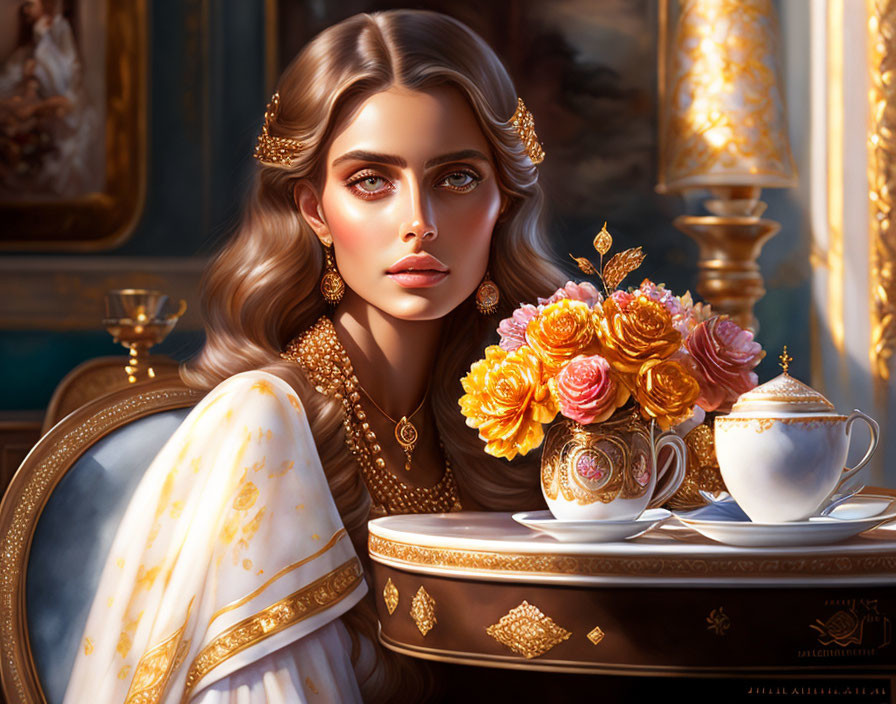 Striking-eyed woman with ornate jewelry in luxurious setting