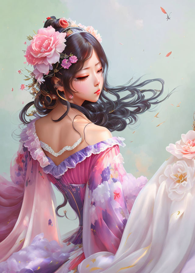 Illustrated woman with long floral hair and purple dress in serene setting