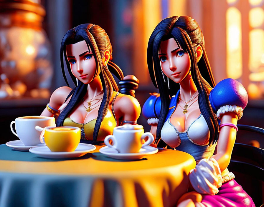 Two long-haired female characters at café table with tea cups, warm lighting.