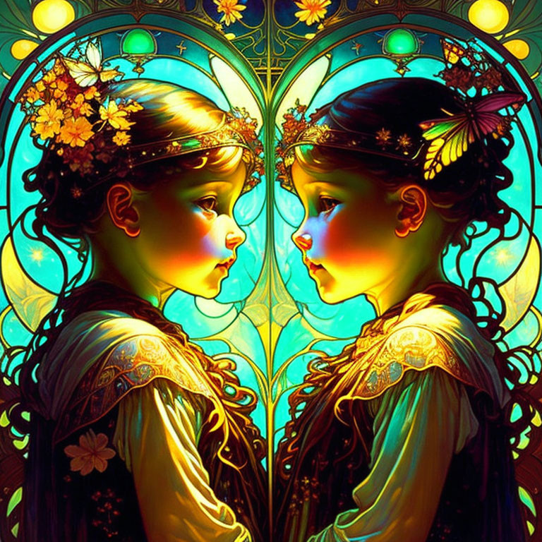 Twin children illustration with Art Nouveau designs and floral crowns