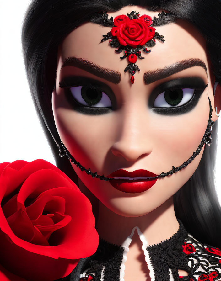 Illustration of woman with dark hair, green eyes, rose headpiece, red lipstick, black ch