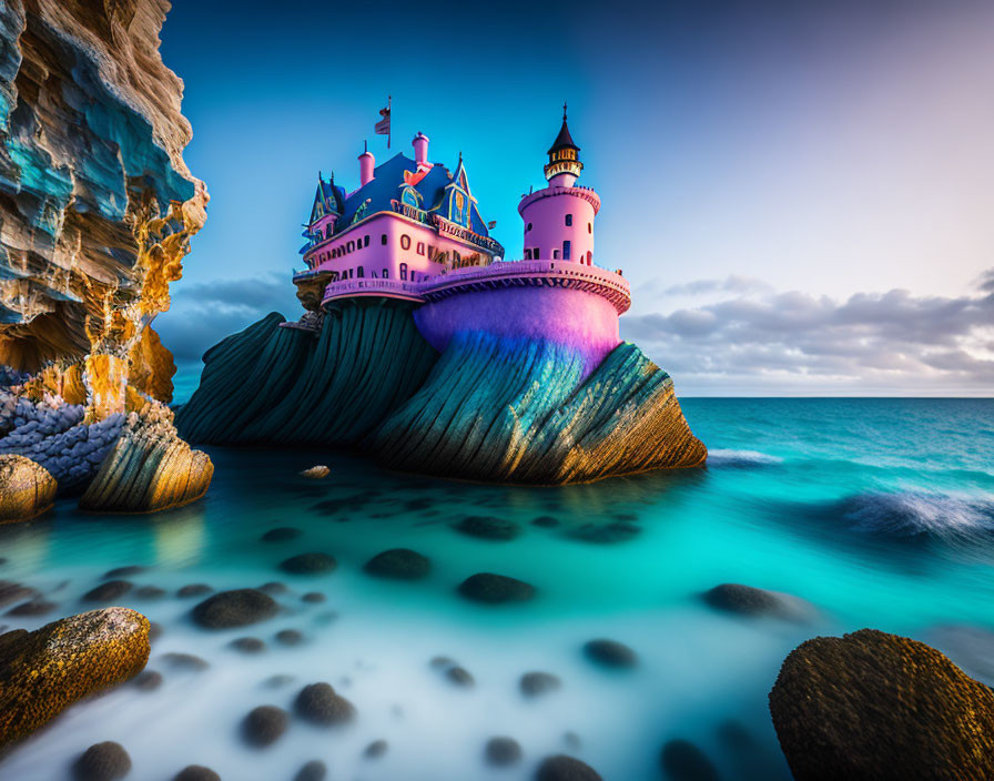 Vivid Pink and Blue Fairytale Castle on Colorful Rock Formation