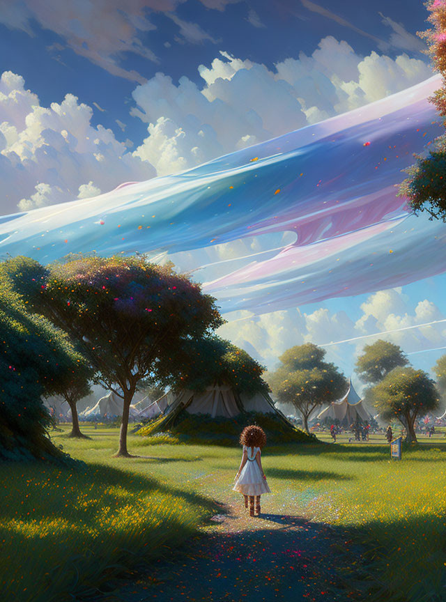 Child on grassy path gazes at colorful sky above tents