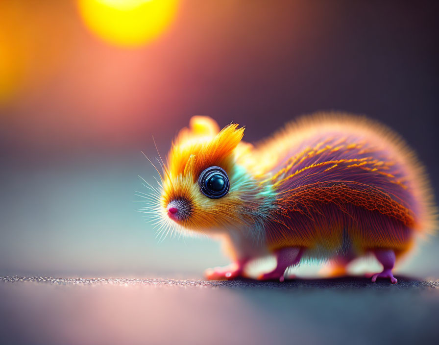 Colorful Toy Creature with Large Eyes and Fluffy Orange Coat in Sunlit Setting