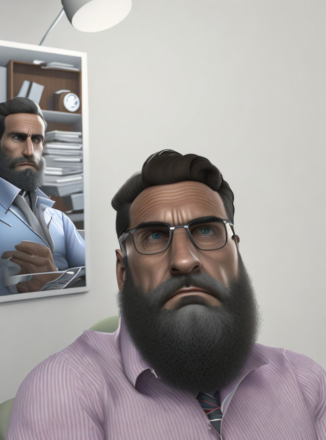 Bearded man with glasses gazes upward in office setting