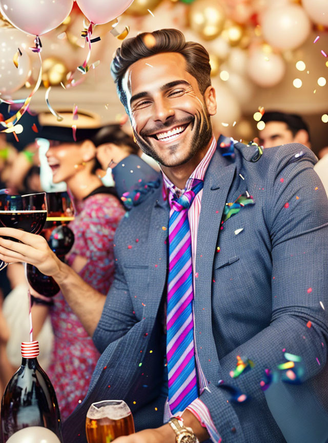 Bearded man smiling at festive celebration with confetti and balloons