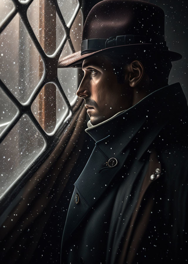 Man in Vintage Hat and Coat Gazing Out Window with Raindrops