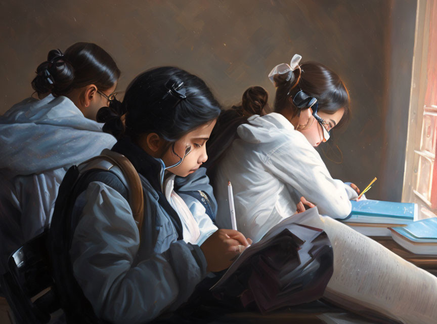 Three students with backpacks writing near a window, one student wearing headphones