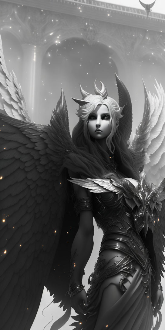 Monochrome fantasy art of majestic winged female character in ornate armor