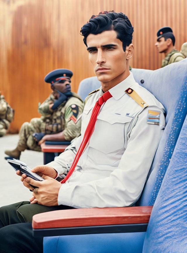 Stylized military uniform man with smartphone in hand sitting on blue chair