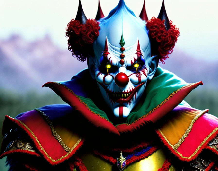Detailed Clown Portrait with Blue and Red Makeup on Mountainous Background