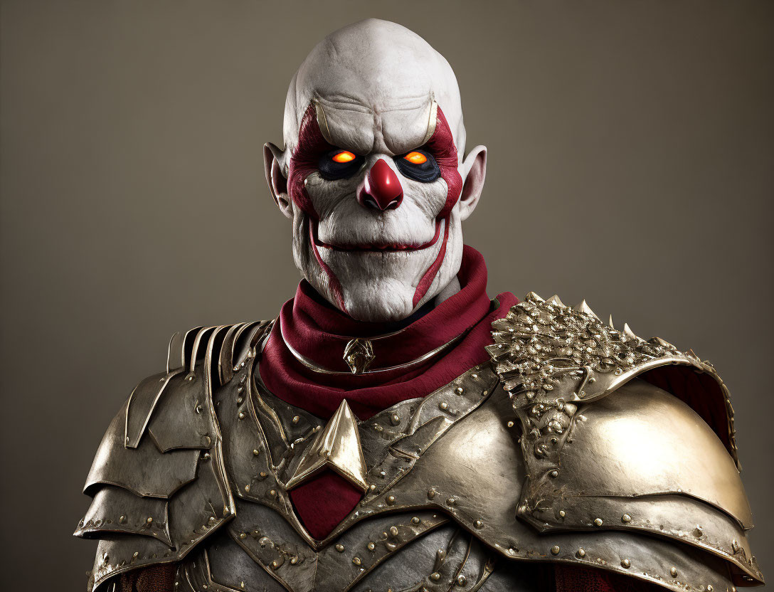 Skull-faced figure in ornate armor with red eyes on gray background